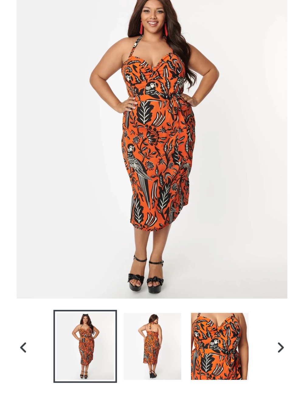 Unique Vinatge Orange Tropical Print Halter Midi Dress